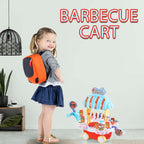 72 Pieces BBQ music trolley food trucks for kids with rotating wheels red base & blue Umbrella roof truck (pretend play toys for girls educational food truck with Music & Lighting toy for boys & girls)