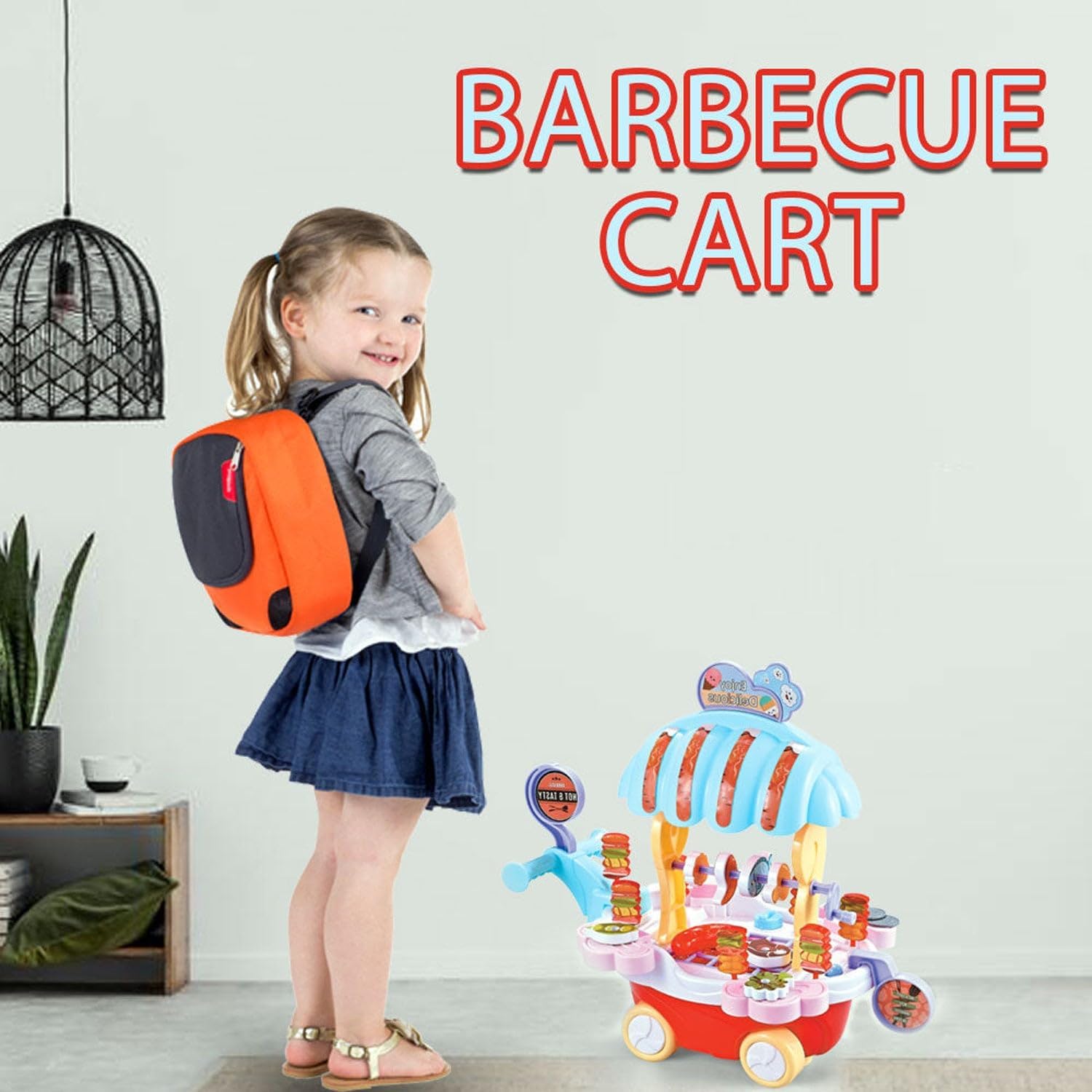 72 Pieces BBQ music trolley food trucks for kids with rotating wheels red base & blue Umbrella roof truck (pretend play toys for girls educational food truck with Music & Lighting toy for boys & girls)