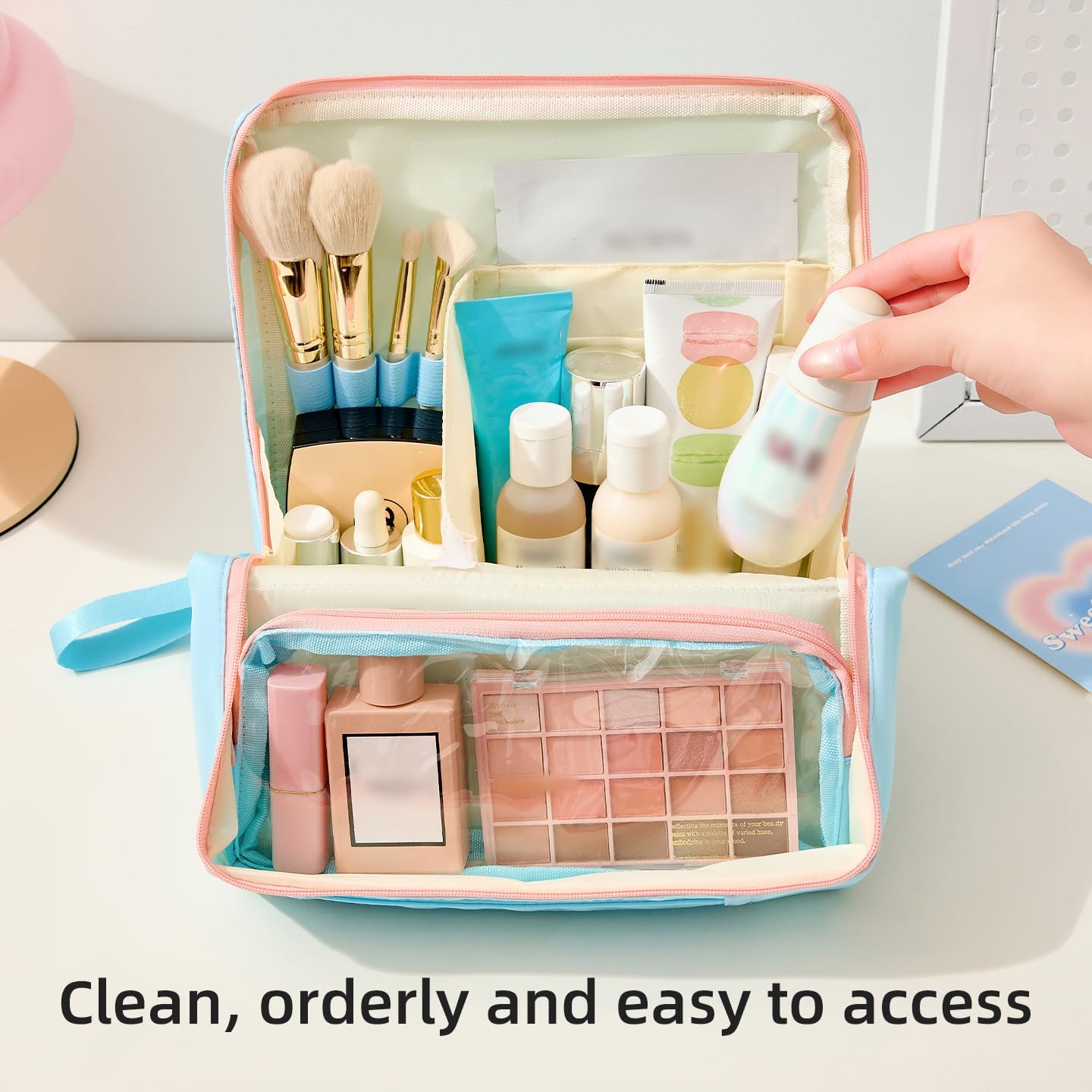 96 Pieces Standing Waterproof Makeup Bags (Compact High Density Polyester – Blue Pink)