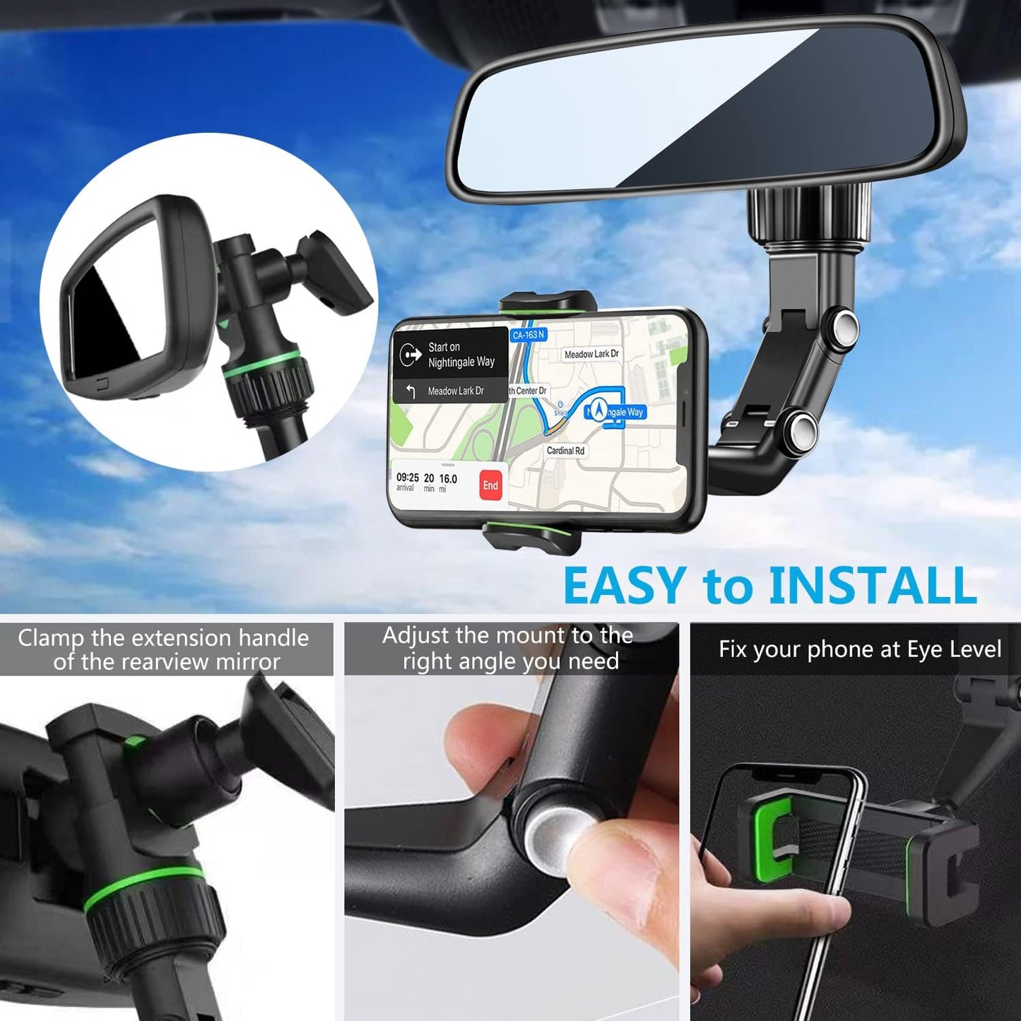 Rearview Mirror Phone Mount Holder, 360° Rotating, Multifunctional, Universal for All Smartphones, Car Phone Holder