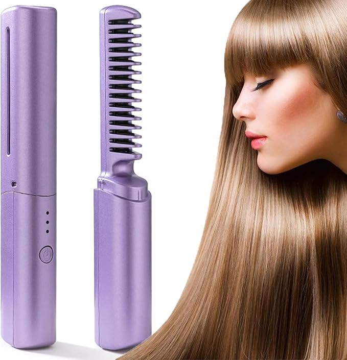 FITTO Mini Hair Straightener Brush – Portable Cordless Rechargeable with Negative Ions, 3 Temperature Settings, Perfect for All Hair Types, Quick Styling On-the-Go