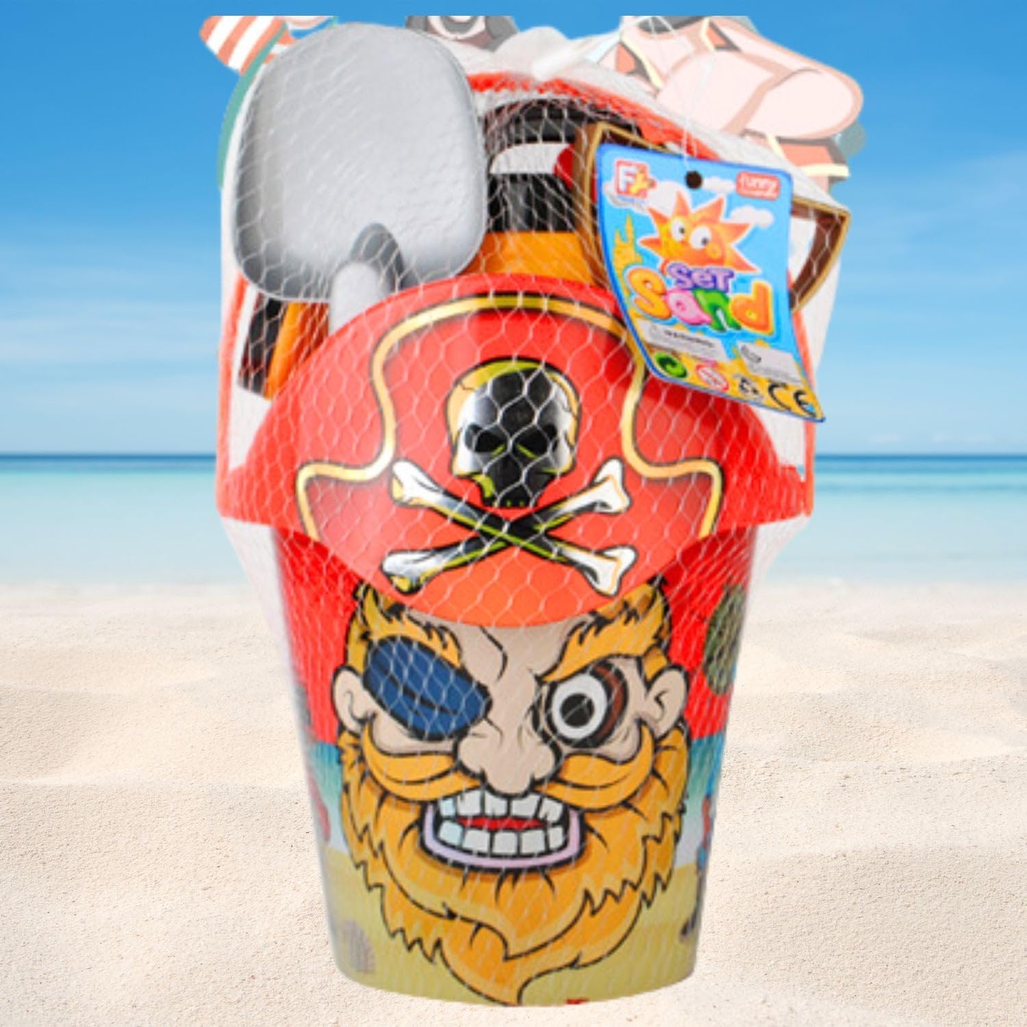 96 Pieces Plastic Pirate Sand Toy Playsets with Bucket (Shovel – Watering Can – and Moulds Cool Pirate Design)