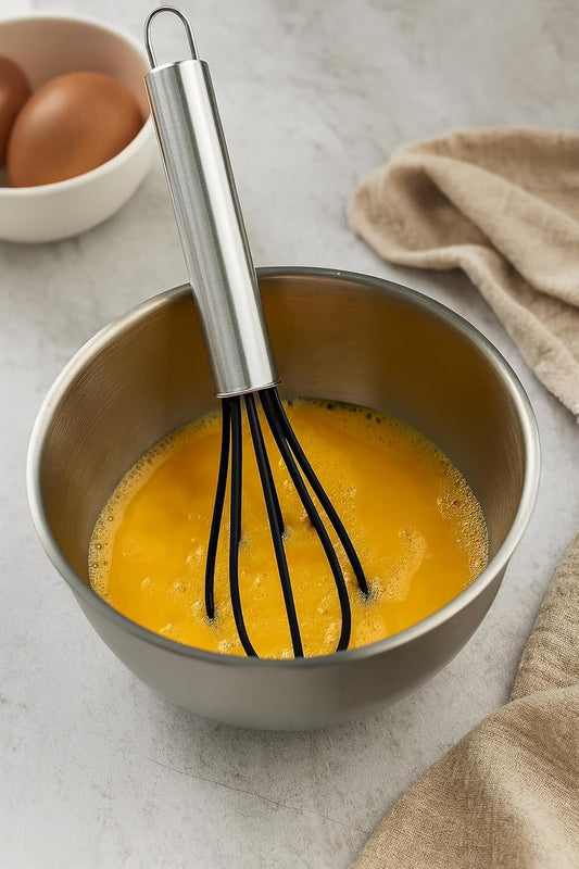 Silicone Egg Beater Hand Whisk Mixer – Nylon Head, BPA-Free, Non-Stick Kitchen Whisk with Wooden Handle – Durable, Heat-Resistant, Easy-to-Clean Whisk for Baking, Cooking, and Blending