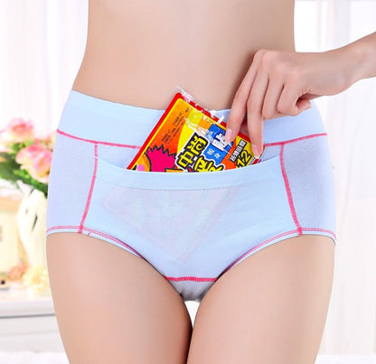 Light blue women's cotton briefs with pink stitching and front pocket
