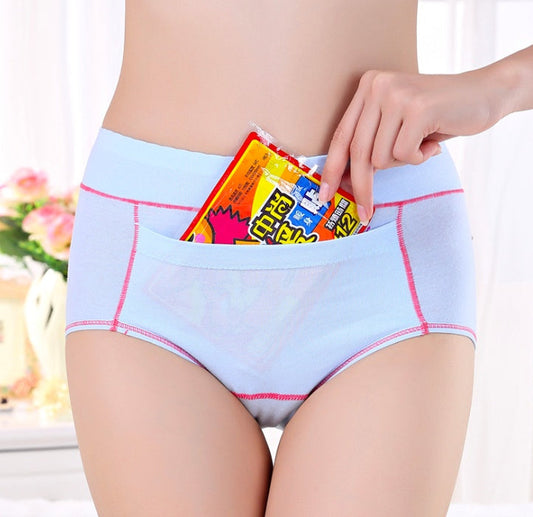 Light blue women's cotton briefs with pink stitching and front pocket