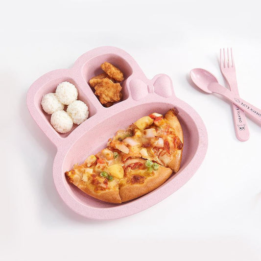 Pink animal-themed divided plate and utensils for kids