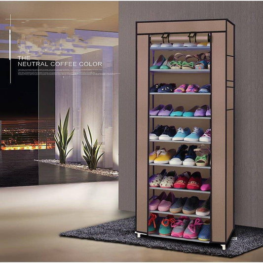 Neutral coffee shoe rack with fabric cover and metal frame