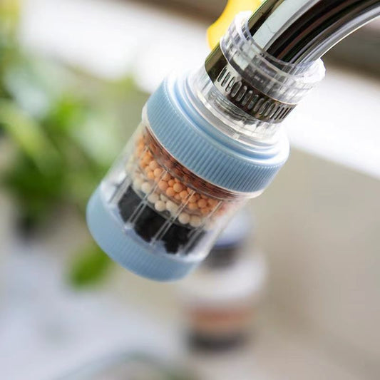 Blue and transparent cylindrical faucet water filter with replaceable beads