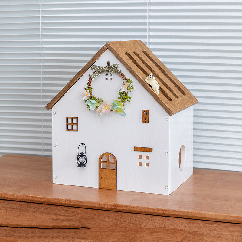 Eco-Friendly House-Shaped Tissue Box Cover with Natural Wood Accents