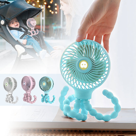 Light blue portable fan with flexible tripod legs for versatile placement