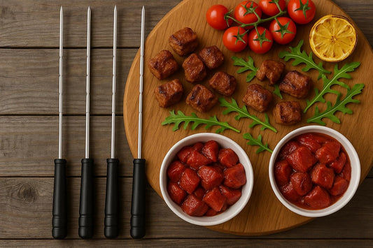 BBQ Skewers Set – Pack of 4 Stainless Steel Skewers with Wooden Handles, Perfect for Grilling and Outdoor Activities, Silver