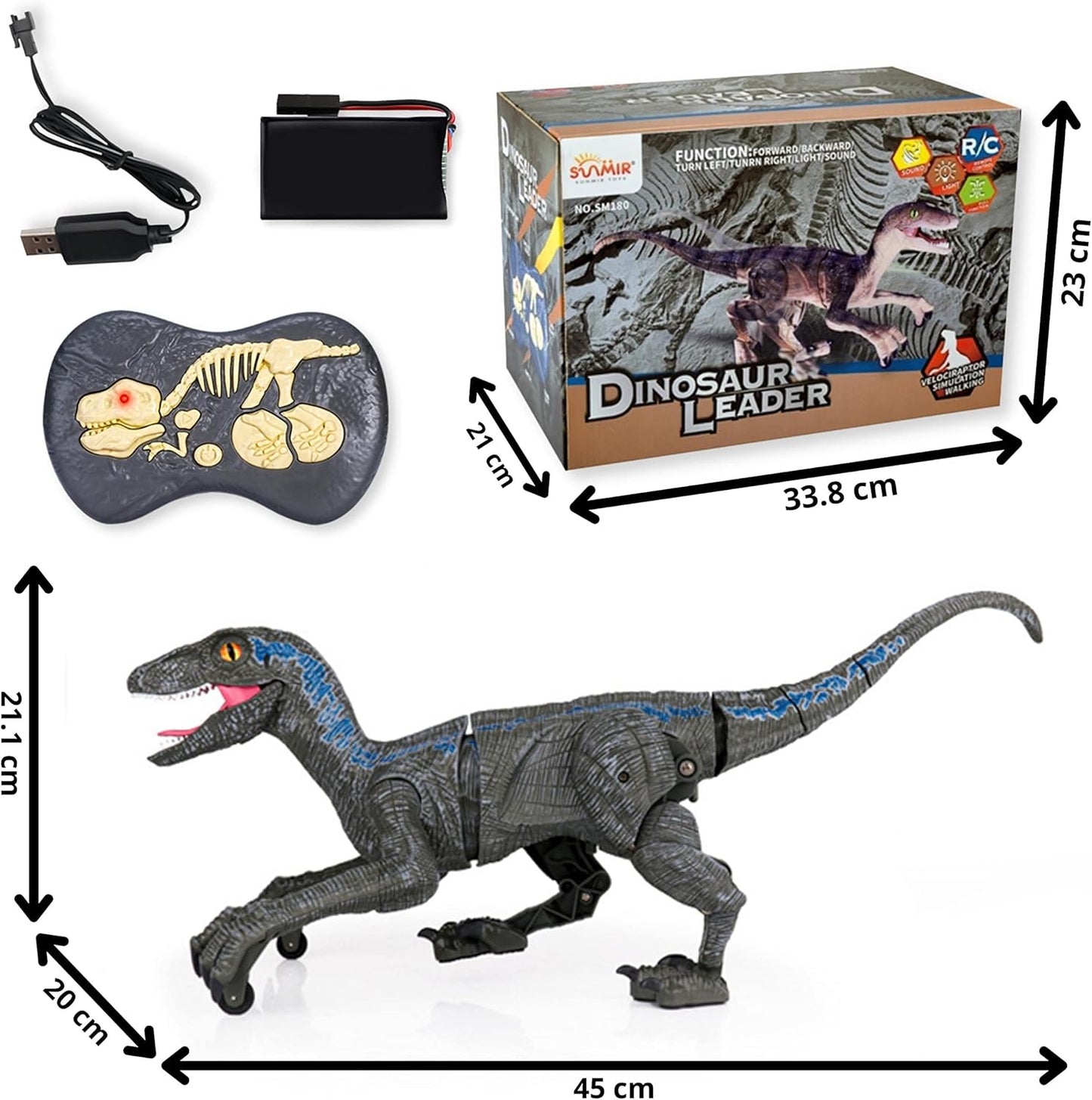 Remote Control Velociraptor Dinosaur Toy with Moving Legs, Glowing Eyes, Rechargeable Battery, Sounds and Light