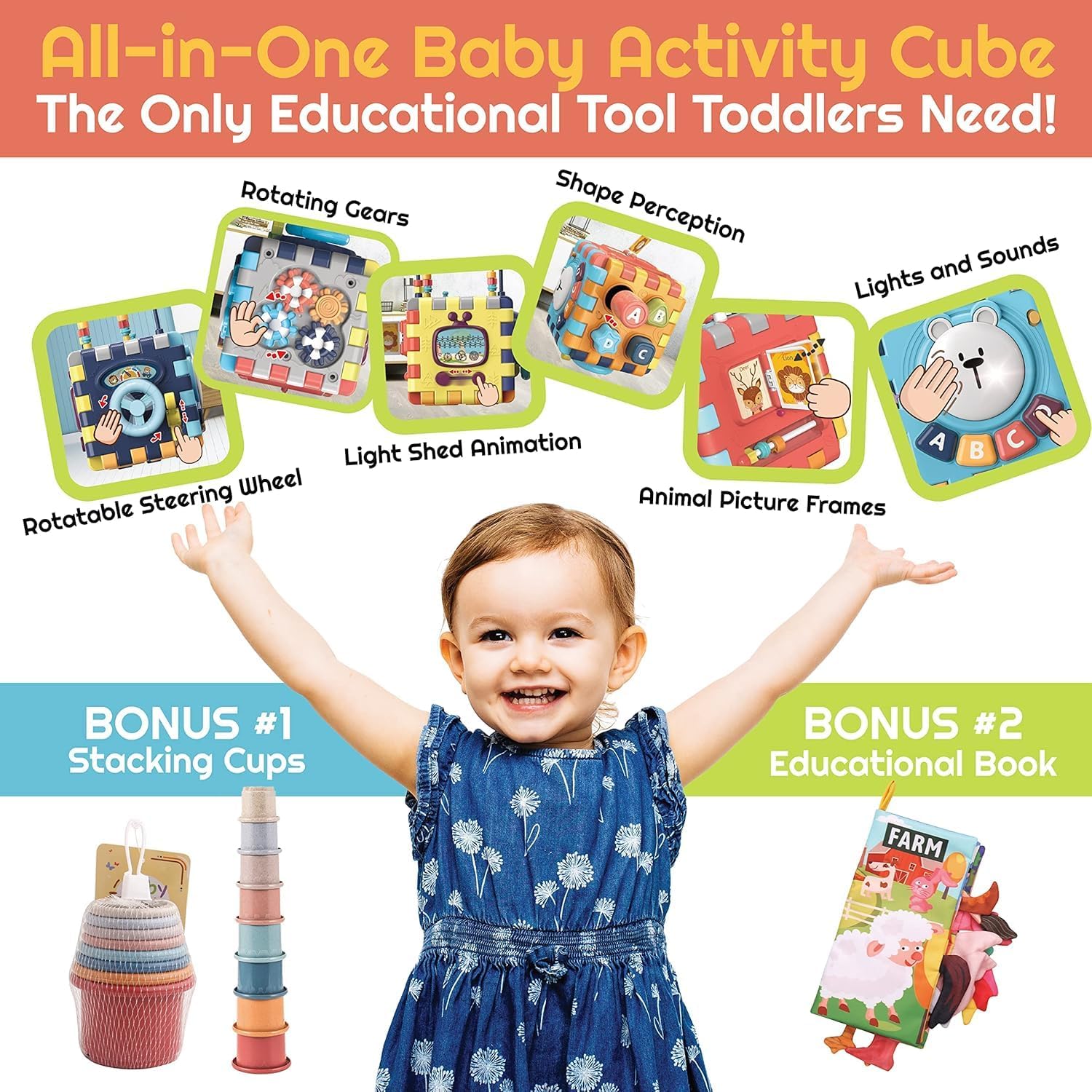 60 Pieces Interactive Toddler Cube Toys with Music (Lights – Shape Sorting – Gears – and Noise Makers - Motor Skills Development Toy for Kids)