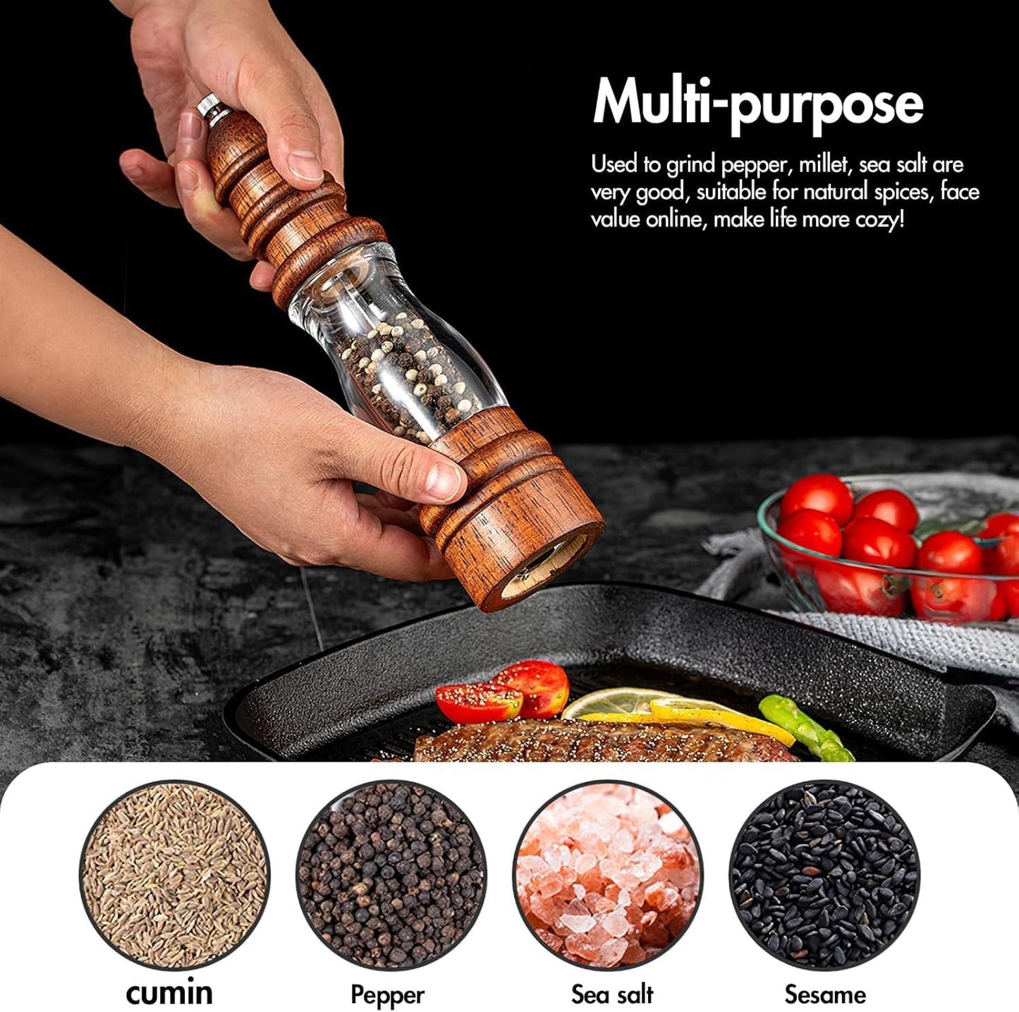 8" Acacia Wood Salt or Pepper Grinder – Adjustable Ceramic Core with Acrylic Display for Kitchen, Home, and Restaurant