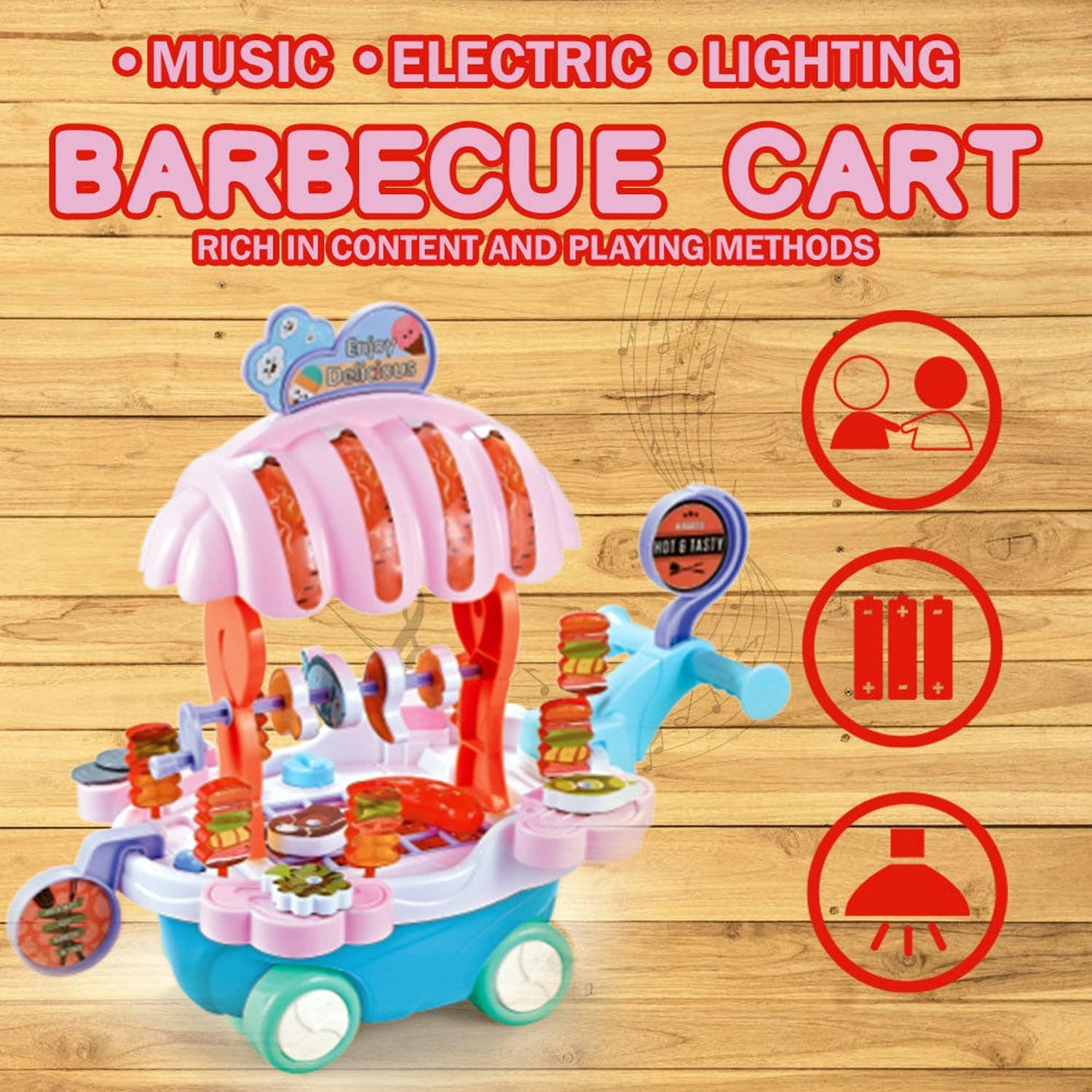 72 Pieces Kidwala Food Trucks for Kids (Barbecue Toy Cart Play Set – Pretend Play Toys for Girls – Educational BBQ Trolley With Music & Lighting – Red)