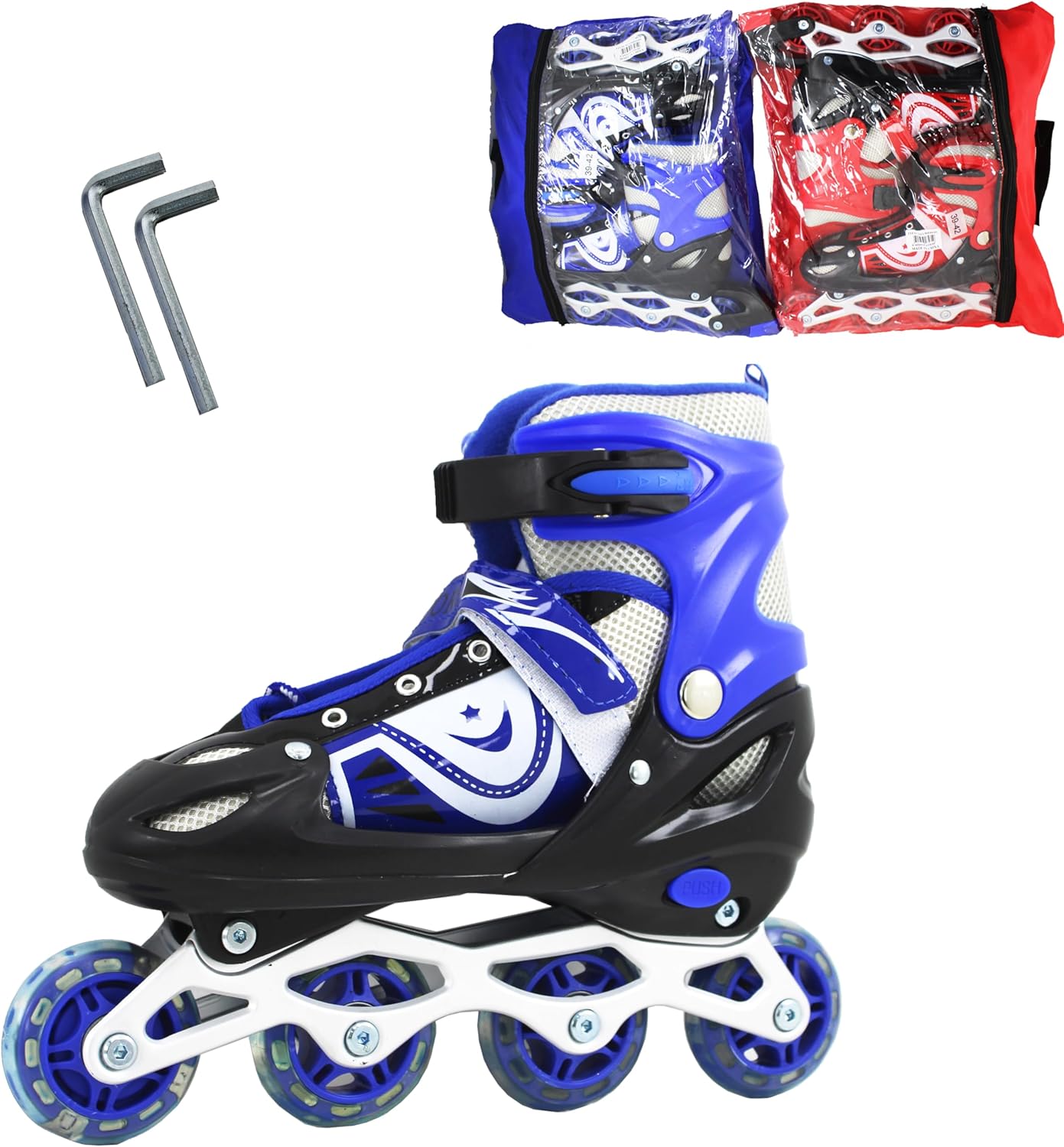 Roller Skates for Beginners Mixed Colors with PCV Bag – Inline Pattern Recreational Skating, Kids, Adults, Adjustable Size