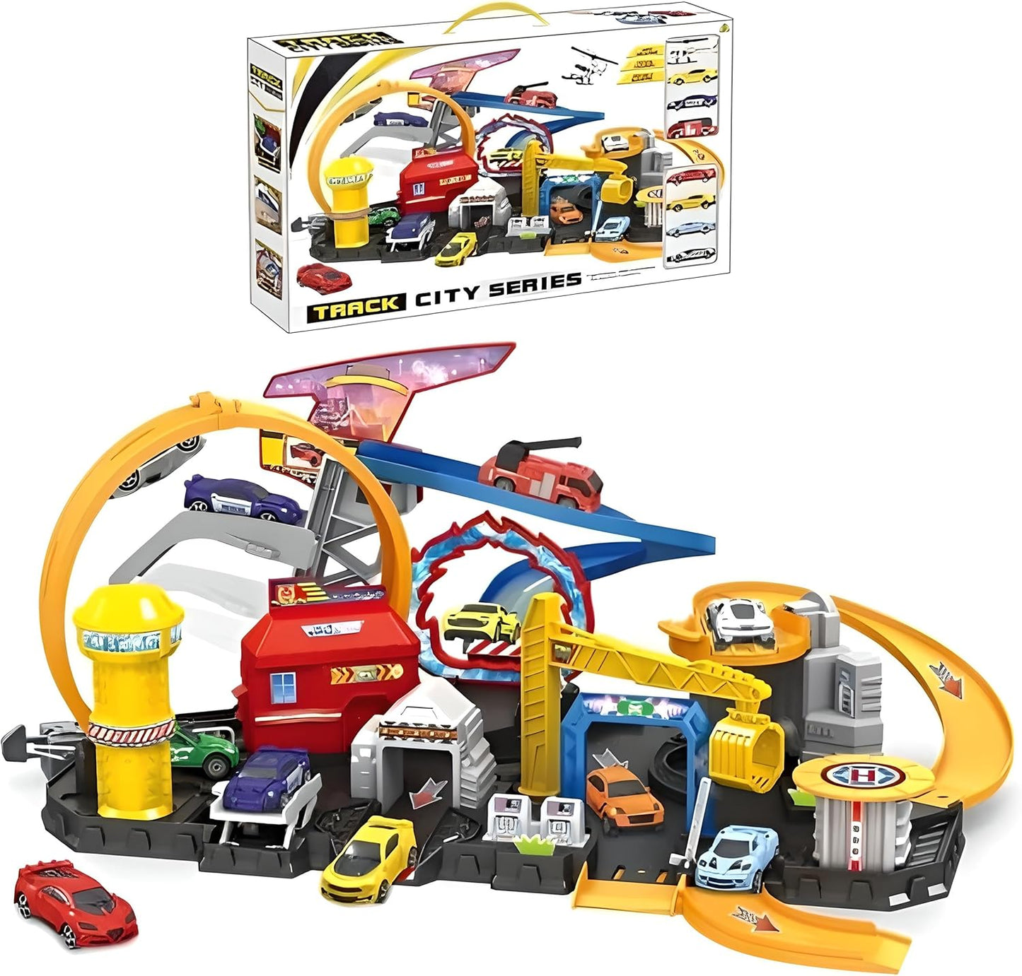 Hot Cars Rescue Center Fire Station Playset with 3 Die-Cast Cars, Helicopter, Light-Up Features & Roller Coaster Track