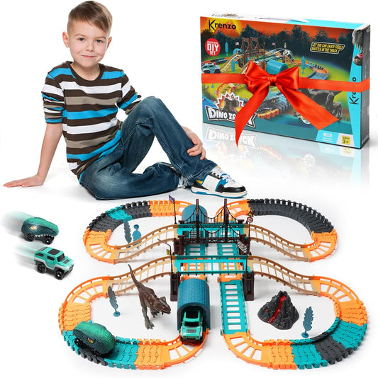 Fitto Race Car Tracks - Dinosaur Toys Set for Kids, Glow in the Dark, Curved and Straight Track Pieces, Dinosaur-Themed Adventure, Perfect for Boys & Girls, Fun Building Toy Set, Ages 3+
