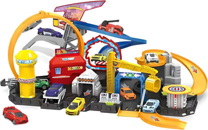 Hot Cars Rescue Center Fire Station Playset with 3 Die-Cast Cars, Helicopter, Light-Up Features & Roller Coaster Track