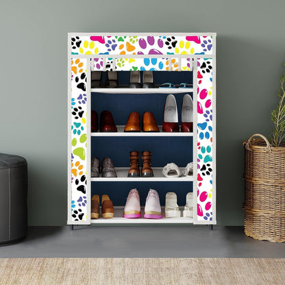Printed Shoe Rack Multipurpose Collapsible Storage Organizer - 4 Shelves, 1 Side Pocket, Non-Woven Fabric Cabinet (4L-1 Dog Blue)