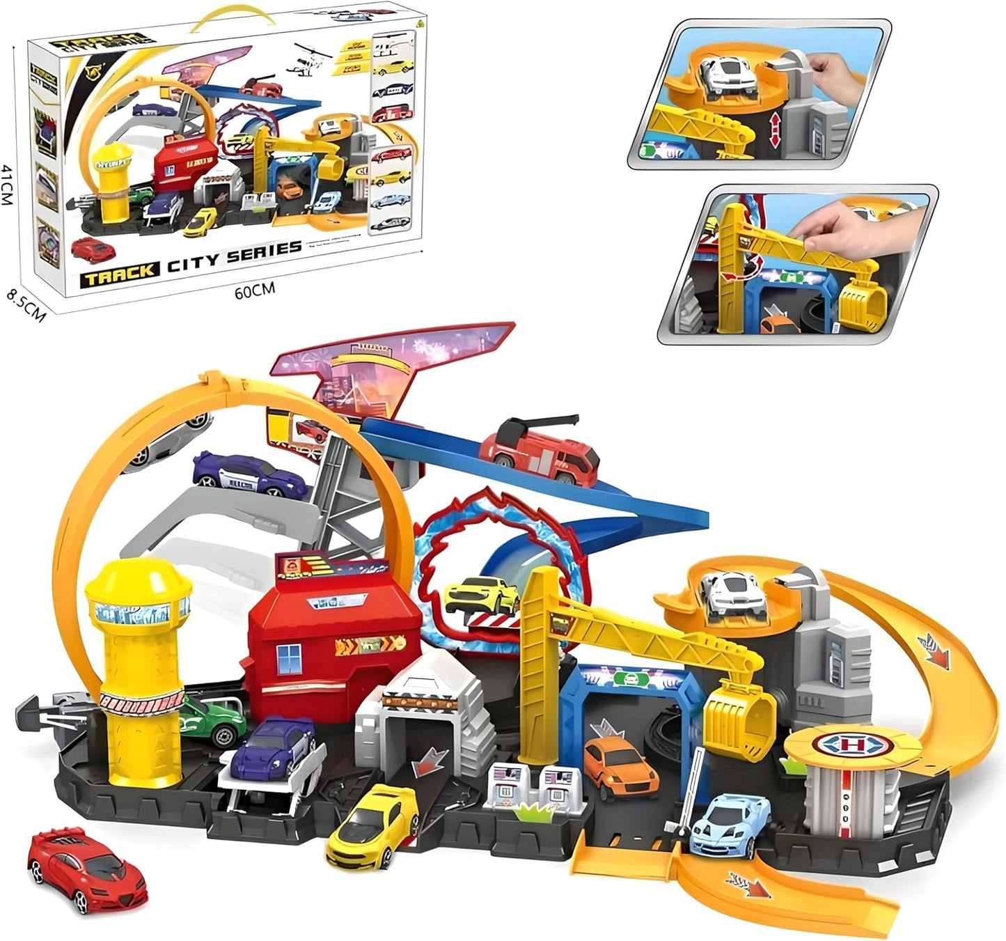 Hot Cars Rescue Center Fire Station Playset with 3 Die-Cast Cars, Helicopter, Light-Up Features & Roller Coaster Track