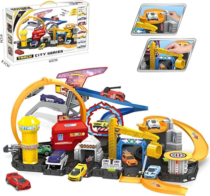 Hot Cars Rescue Center Fire Station Playset with 3 Die-Cast Cars, Helicopter, Light-Up Features & Roller Coaster Track