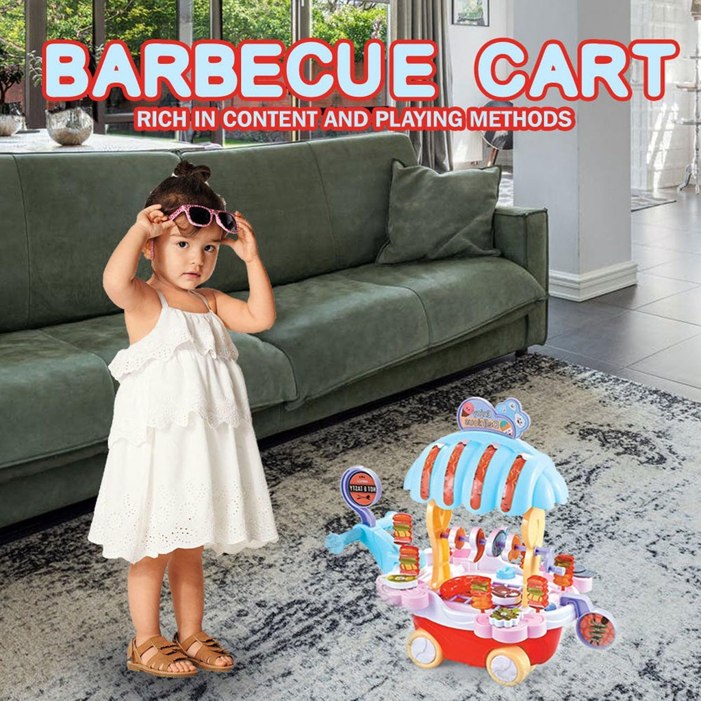 72 Pieces BBQ music trolley food trucks for kids with rotating wheels red base & blue Umbrella roof truck (pretend play toys for girls educational food truck with Music & Lighting toy for boys & girls)