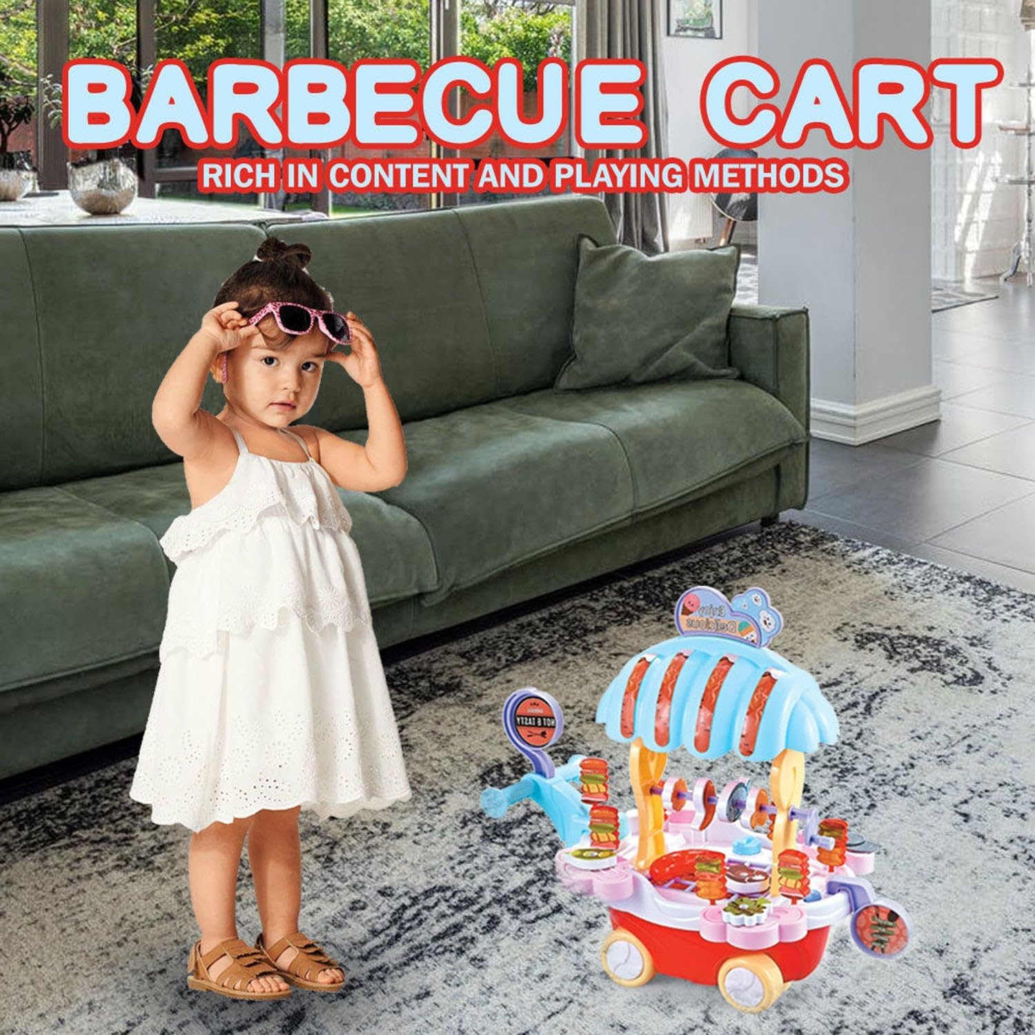 72 Pieces BBQ music trolley food trucks for kids with rotating wheels red base & blue Umbrella roof truck (pretend play toys for girls educational food truck with Music & Lighting toy for boys & girls)