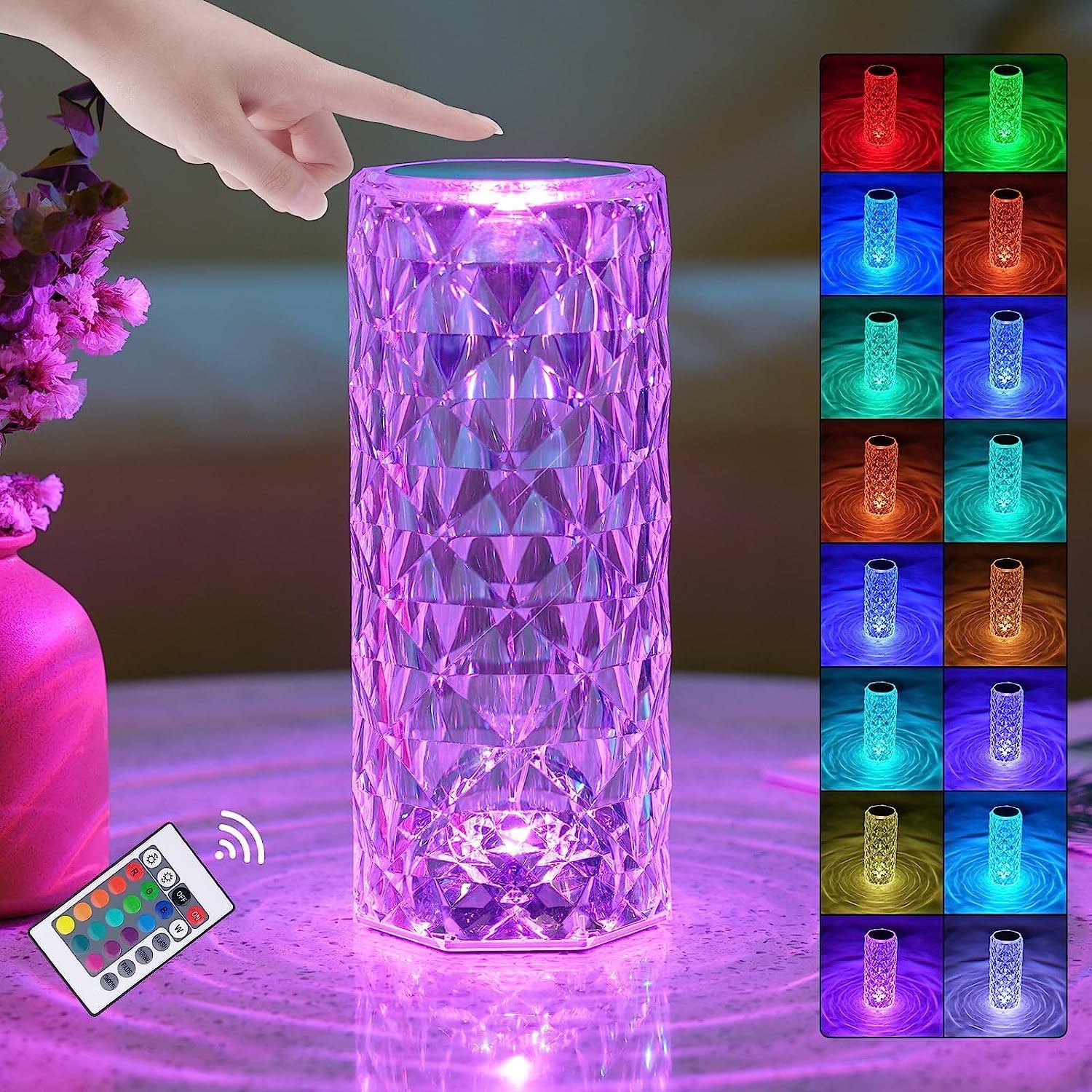 96 Pieces Crystal Diamond Desk Lamp - 16 Color Changing LEDs (USB Rechargeable – Touch Control – Decorative Night Light for Home – Bedroom – Office – Ambient Lighting - Elegant Modern Design)