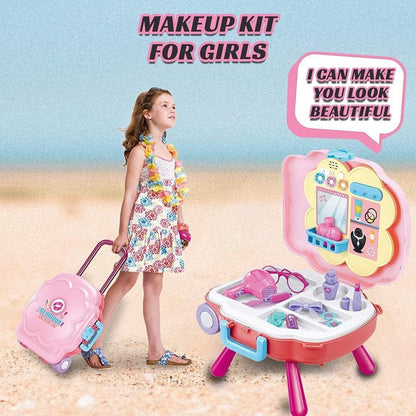 Kidwala 2 In 1 Girls Pretend Play Makeup Bag With Music and Light, Large Rolling Bag, and Table