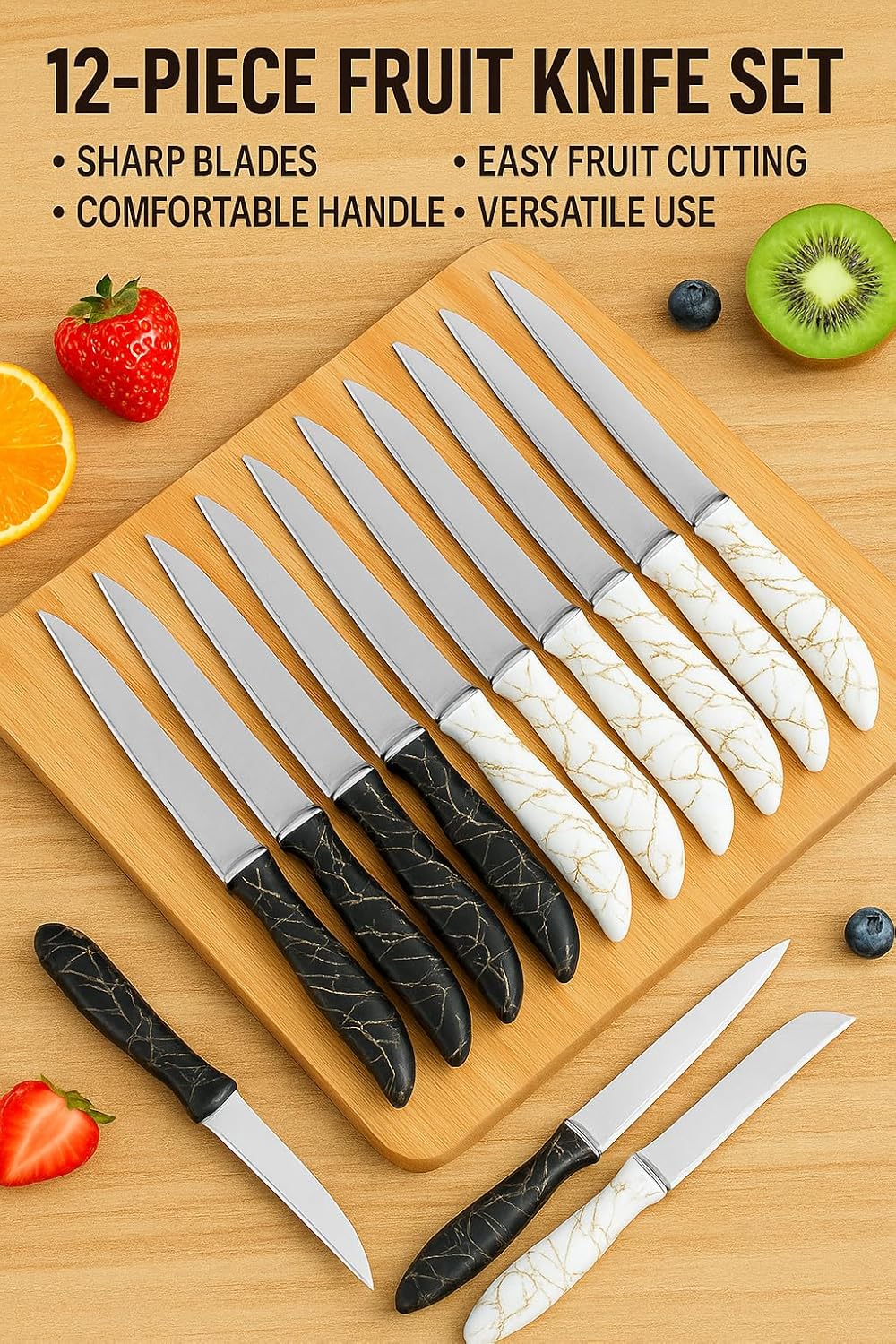 12-Piece Stainless Steel Fruit Knife Set – Sharp Blades with Comfortable Plastic Handle for Effortless Cutting, Dicing, Slicing, and Chopping