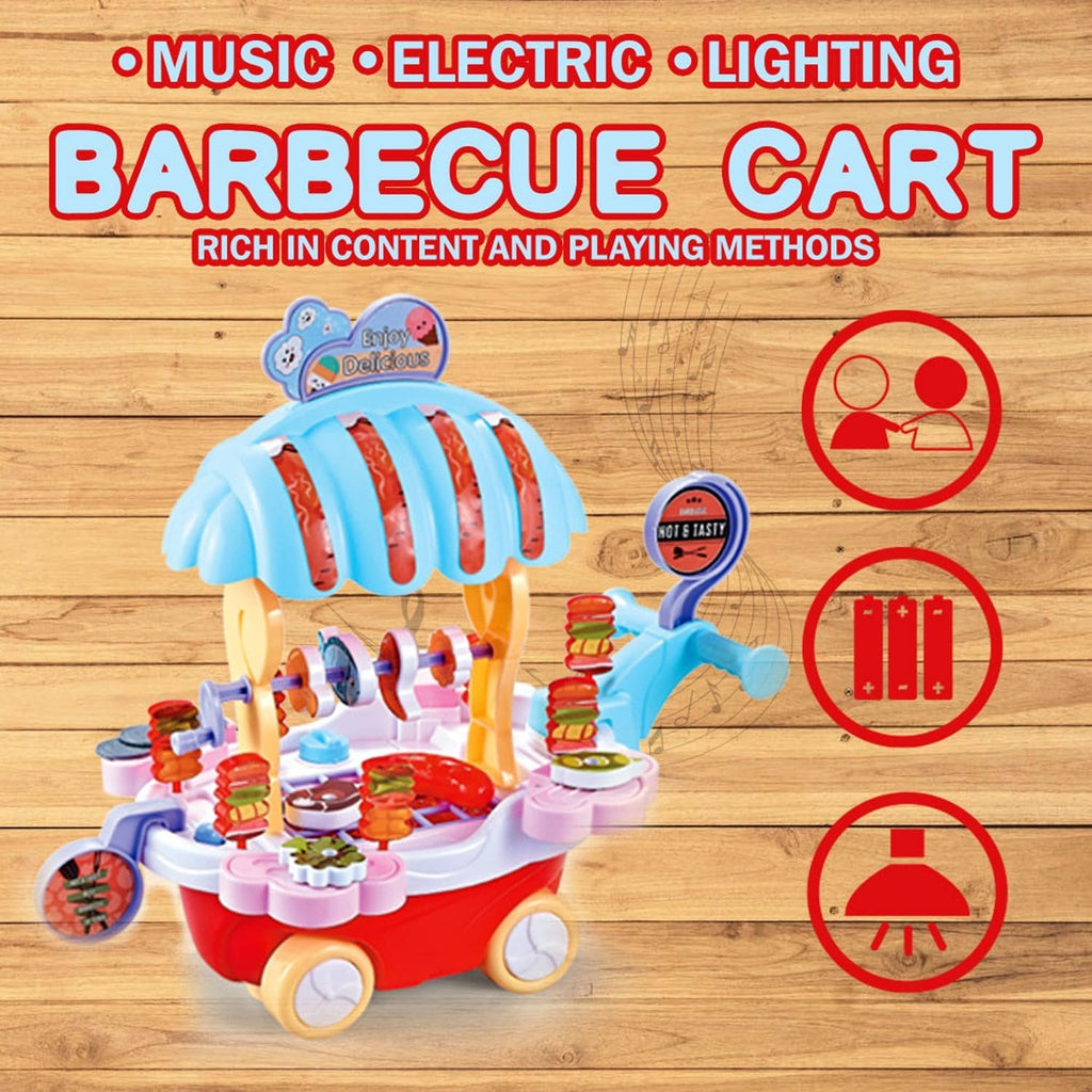 72 Pieces BBQ music trolley food trucks for kids with rotating wheels red base & blue Umbrella roof truck (pretend play toys for girls educational food truck with Music & Lighting toy for boys & girls)