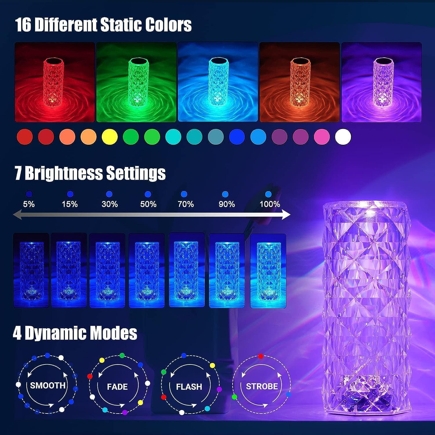 96 Pieces Crystal Diamond Desk Lamp - 16 Color Changing LEDs (USB Rechargeable – Touch Control – Decorative Night Light for Home – Bedroom – Office – Ambient Lighting - Elegant Modern Design)