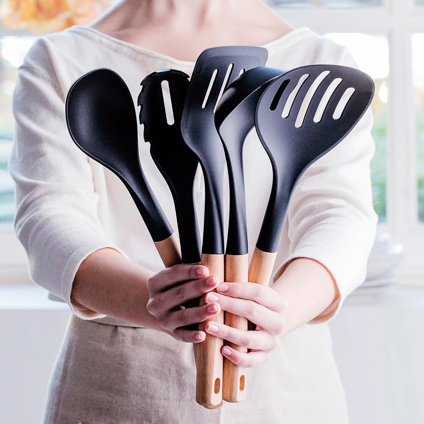 Smooth Spoon, Nylon Head, BPA-Free, Non-Stick Cooking Utensil with Wooden Handle – Heat Resistant, Durable, and Safe for All Cookware – Ideal for Stirring and Serving