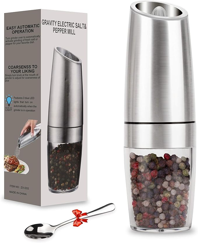 Fitto Gravity Electric Pepper Mill, Battery Operated, Automatic Salt Mill with Blue LED Light, One Handed Operation, Adjustable Coarseness, Silver