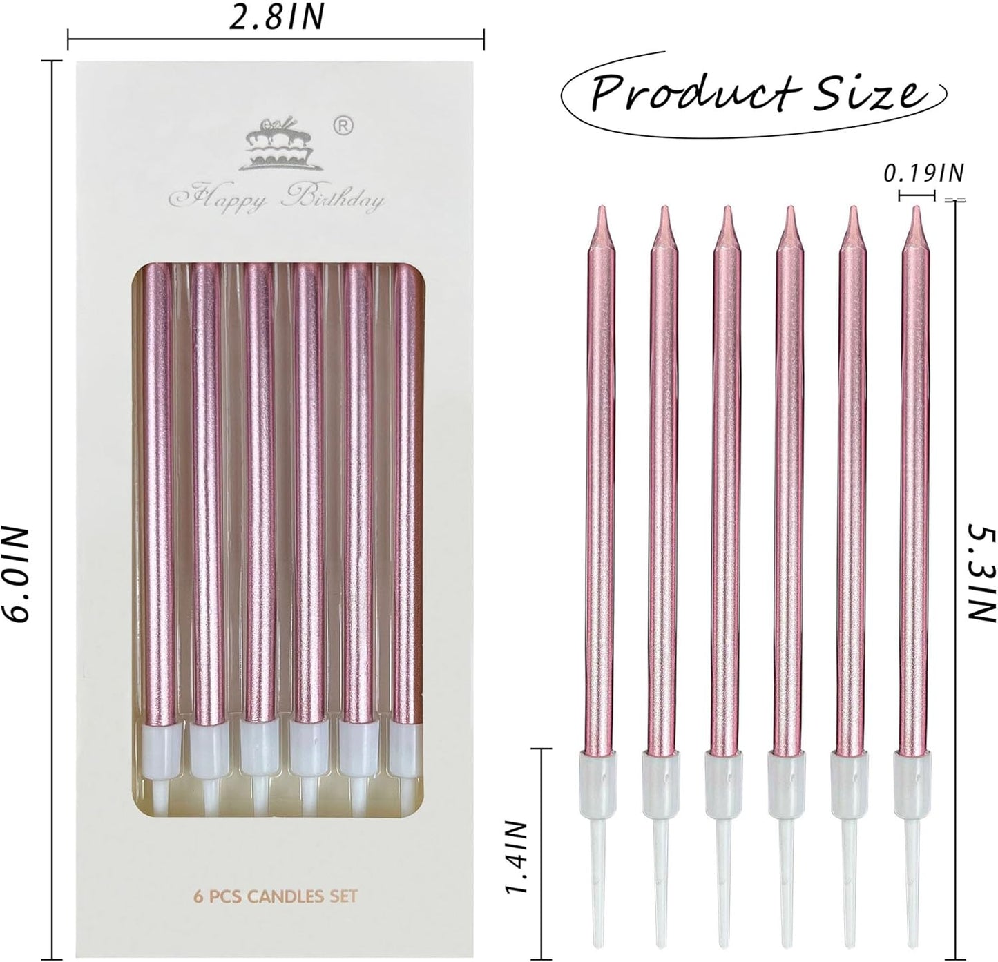 6Pcs Long Thin Birthday Candles for Cake with Stand, Pink – Cake Decorations, Party Supplies, Cake Toppers, 13cm