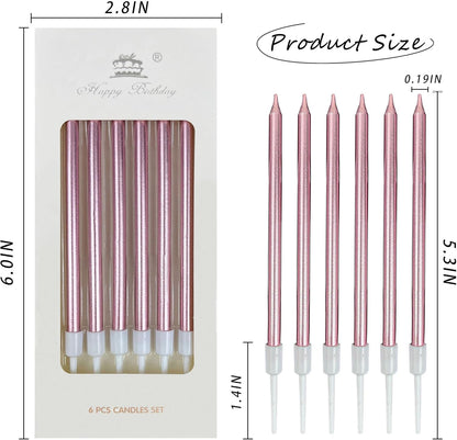 6Pcs Long Thin Birthday Candles for Cake with Stand, Pink – Cake Decorations, Party Supplies, Cake Toppers, 13cm