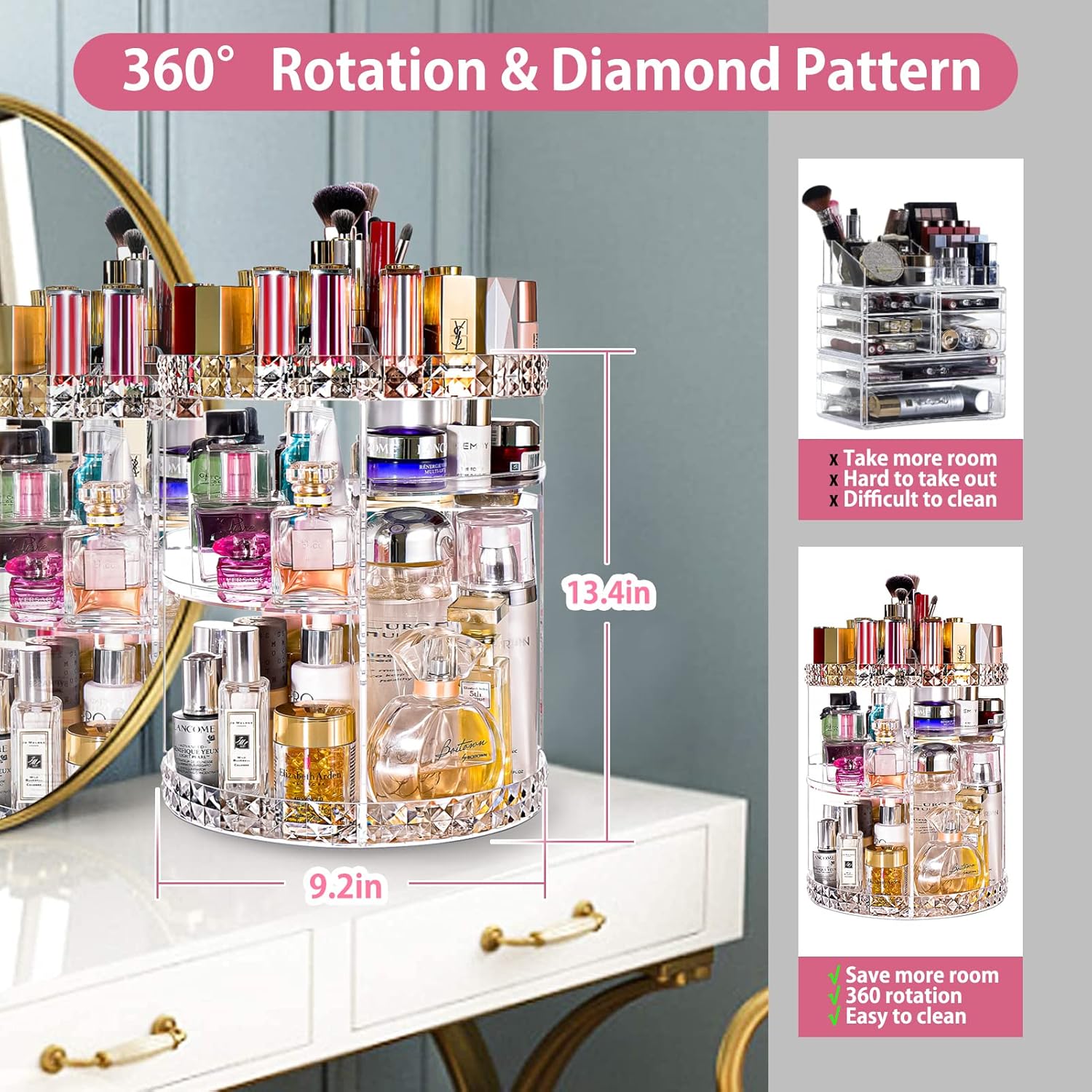 72 Pieces Rotating Makeup Organizers (Large Perfume Cosmetics Organizer – Beauty Organizer – Clear – 7 Layers – Detachable Shelves – for Bedroom Dresser or Vanity Countertop)
