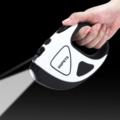 Black and white retractable dog leash with built-in flashlight