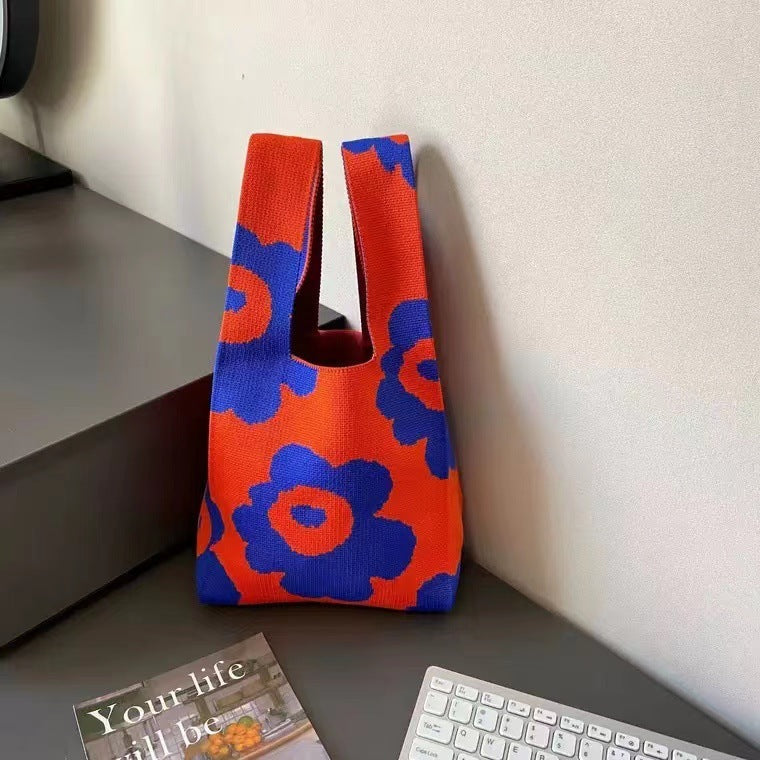 Eco-Friendly Reusable Cotton Bag - Red with Blue Floral Pattern