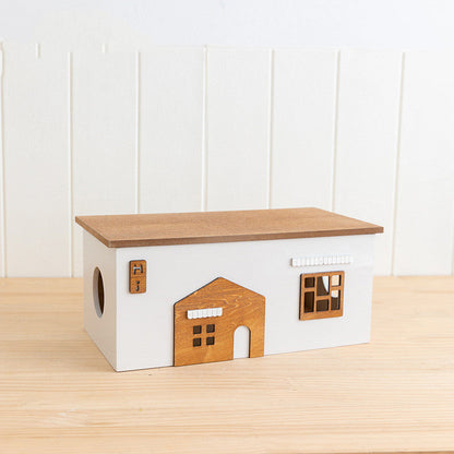 Eco-Friendly House-Shaped Tissue Box Cover with Natural Wood Accents