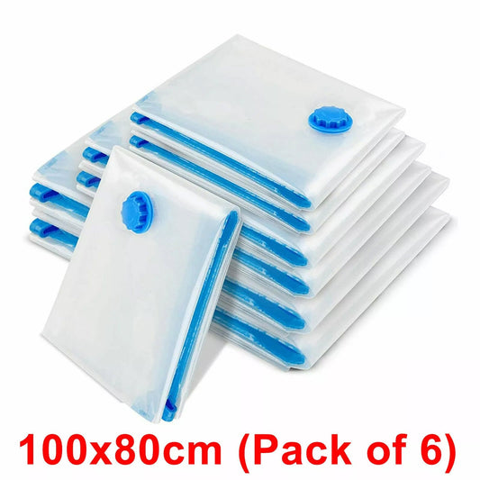 Space-Saving Vacuum Storage Bags - Pack of 6, 100x80 cm, Transparent with Blue Accents