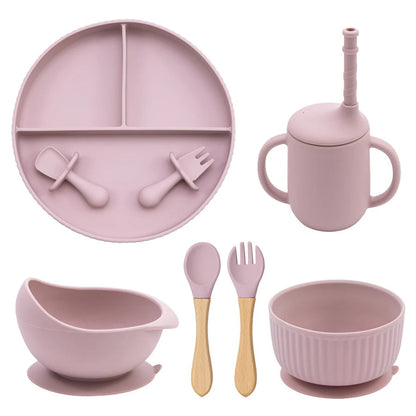 Eco-Friendly Pink Children's Dinnerware Set - Silicone & Wood