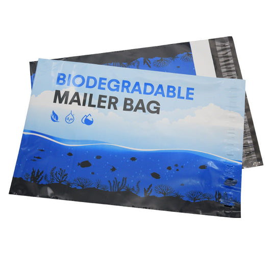 Blue Biodegradable Mailer Bag with Black and White Accents