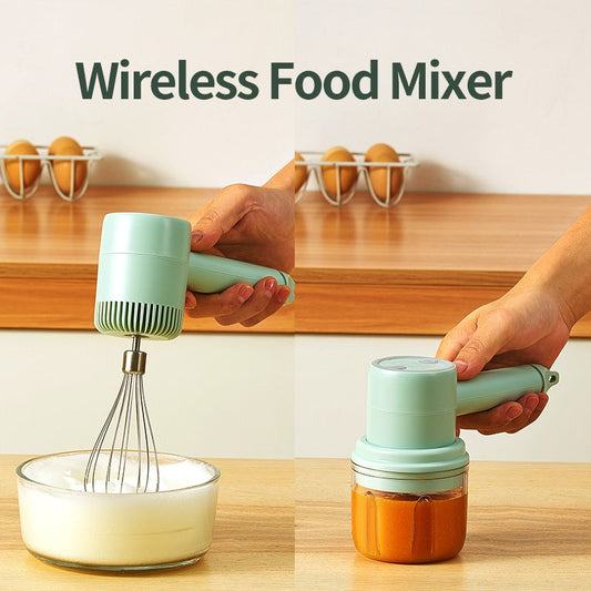 Light green wireless handheld food mixer with detachable whisk