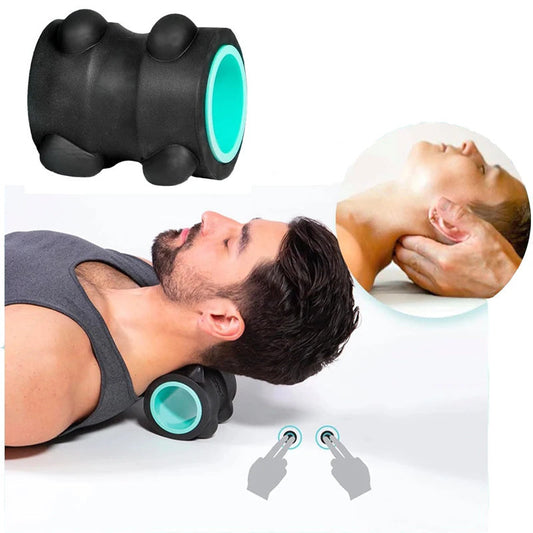 Black and turquoise ergonomic neck and back massager with cylindrical shape