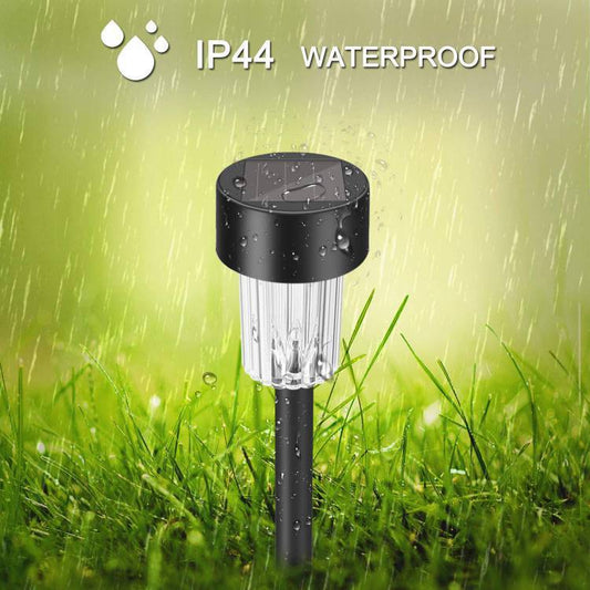 Solar-powered eco-friendly garden lights with cylindrical top and pointed stake