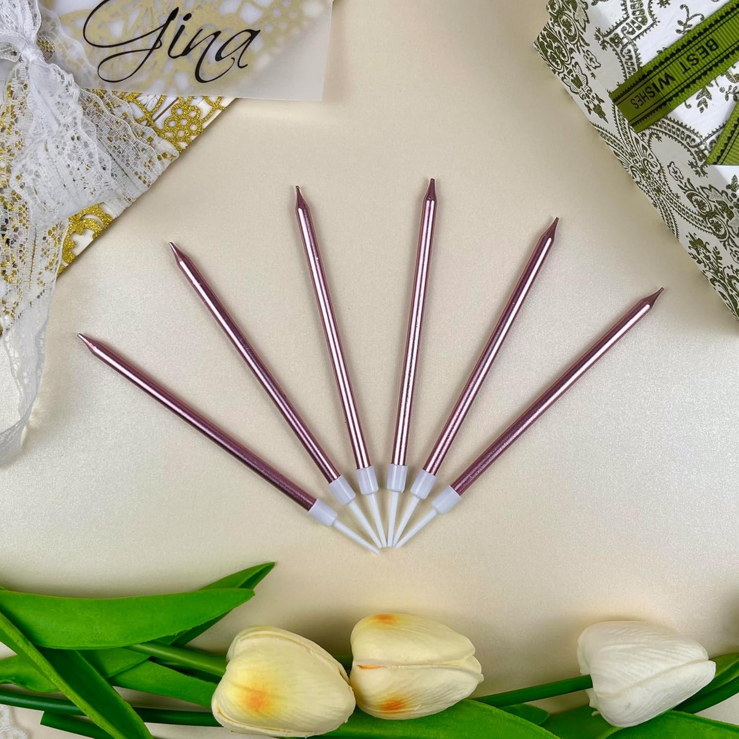 6Pcs Long Thin Birthday Candles for Cake with Stand, Pink – Cake Decorations, Party Supplies, Cake Toppers, 13cm