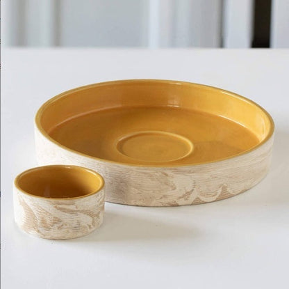 Eco-Friendly Round Serving Tray with Dip Bowl - Natural Wood & Yellow