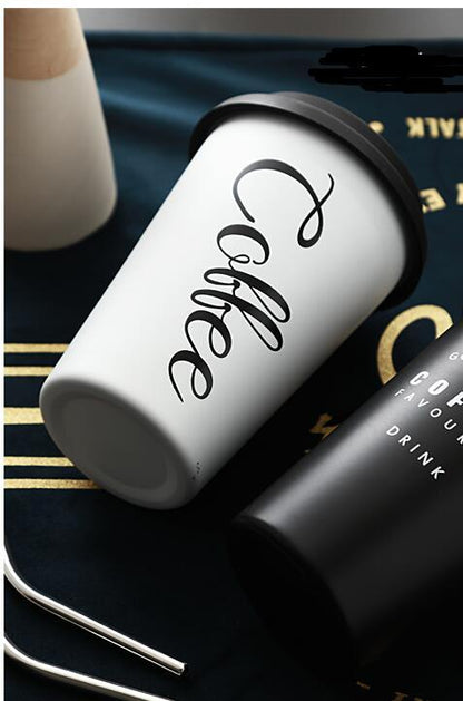 Eco-Friendly Reusable Coffee Cups - Black & White Ceramic or Stainless Steel with Silicone Lids